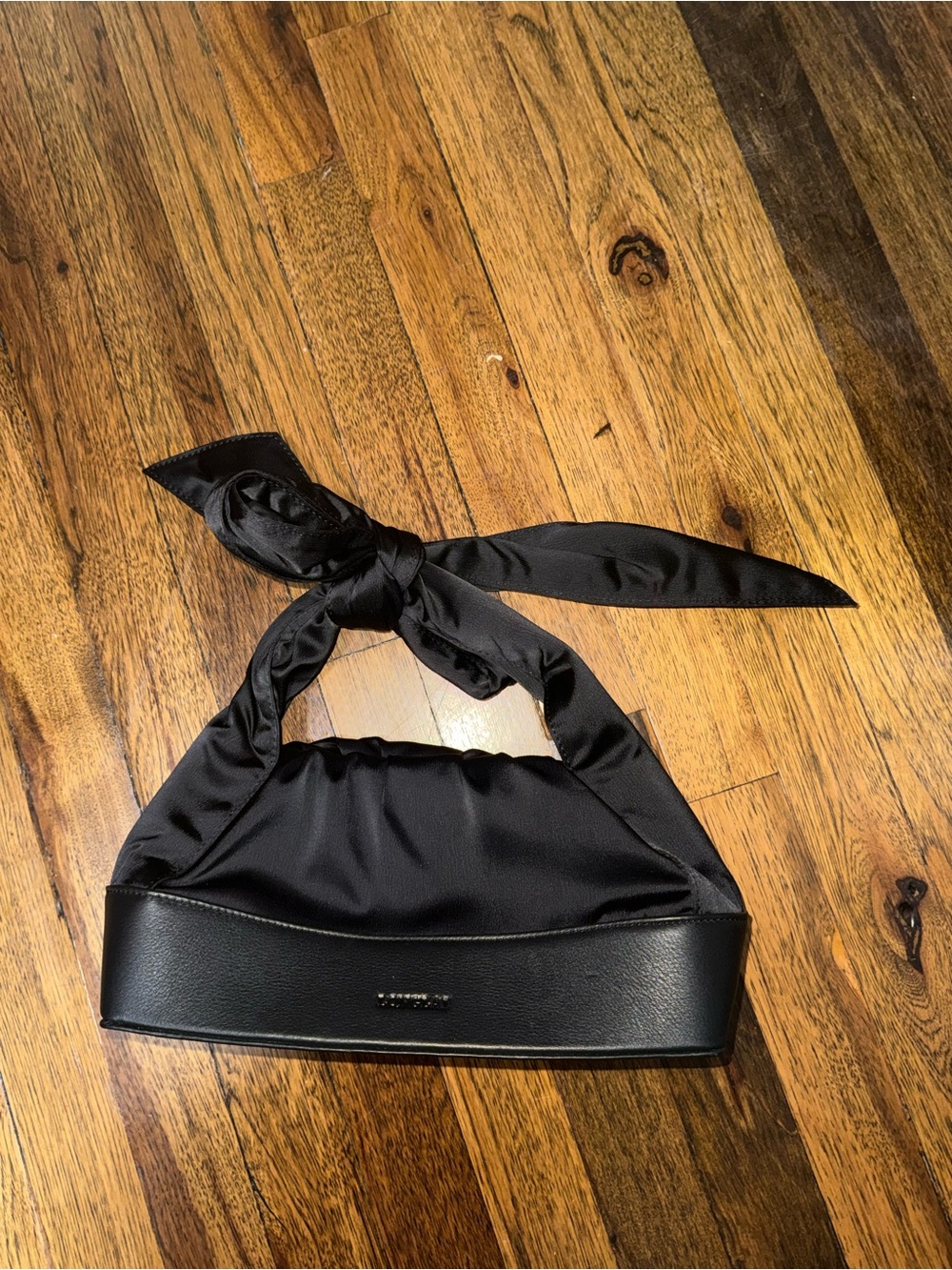 Longlai Black Satin Handbag with Leather Trim